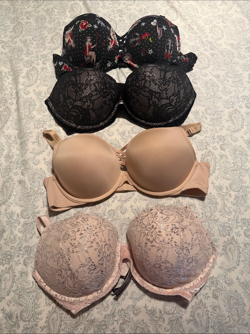 Torrid/Victorias Secret Four-Pack Mixed Bras — Black, Nude, Blush, Printed Black